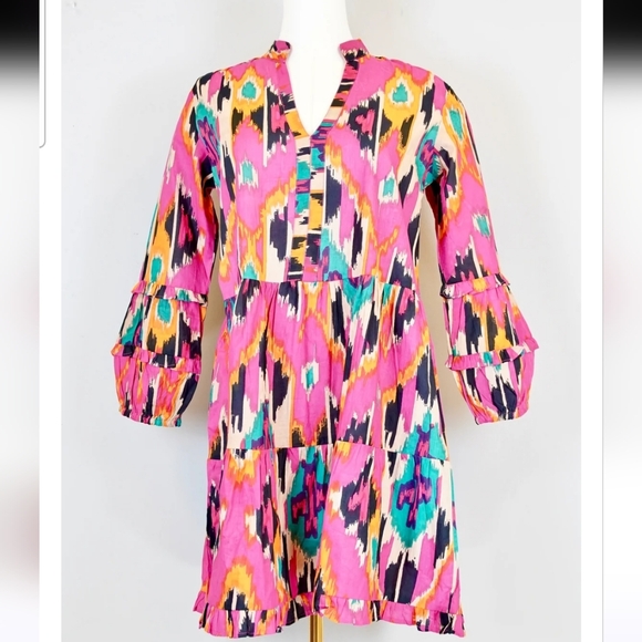 LA PLAGE Alison Long Sleeve Mini Dress – Ikat Fuchsia Multi. Size Small - Picture 2 of 14